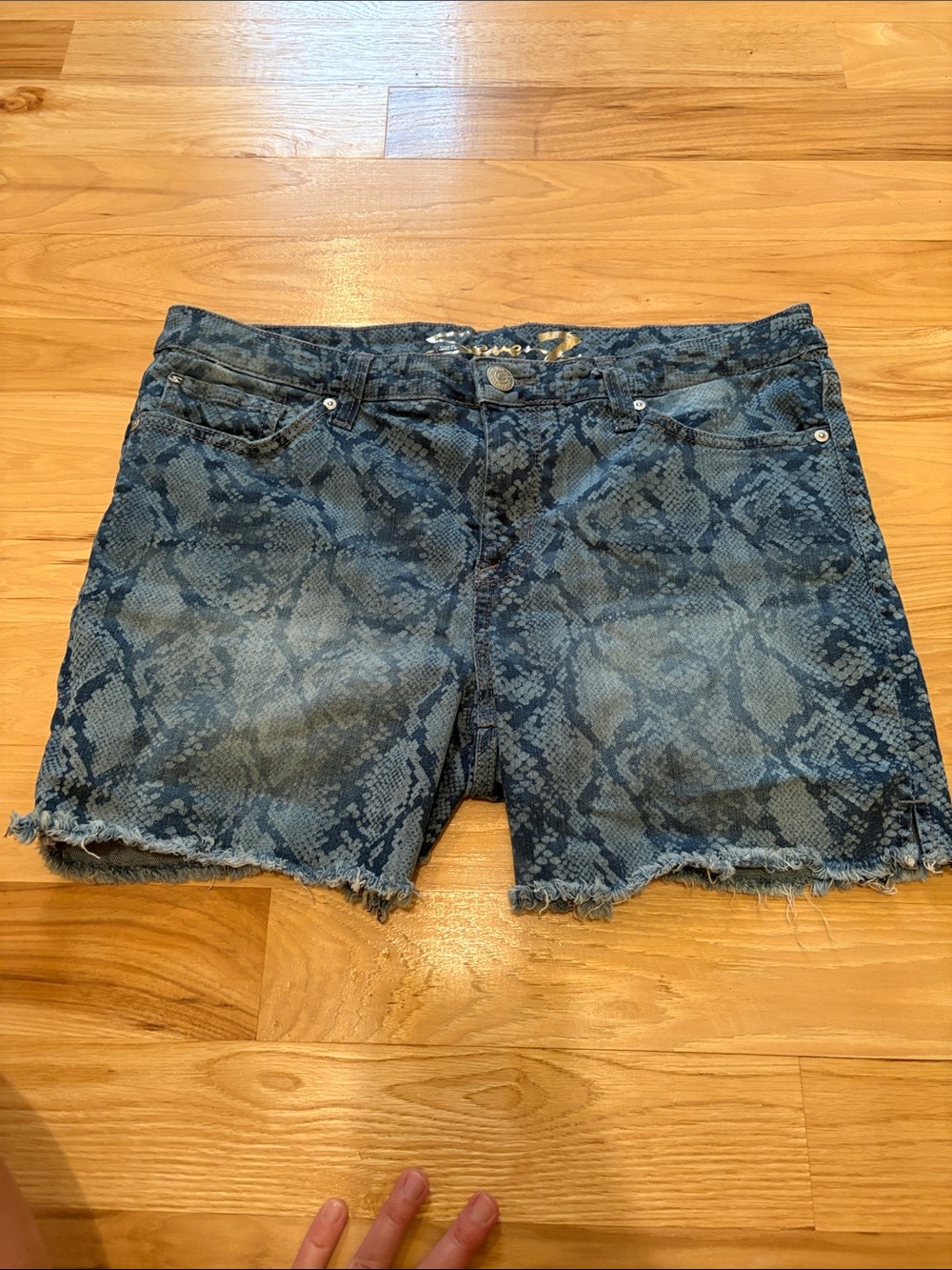Seven7 Blue Snake-Print Denim Cutoff Shorts